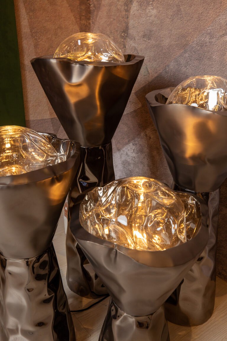 Closeup of sculptural floor lights showing the textured surface of the blow glass balls.