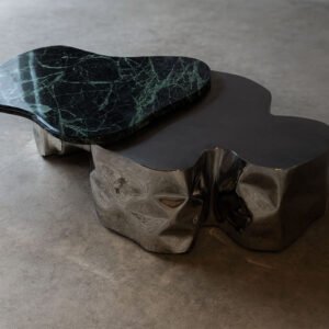 Colgada Coffee Table in polished stainless steel with sculptural green spider marble top