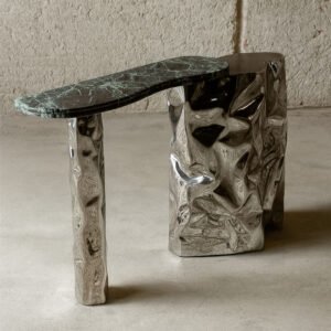 Shiny stainless steel Colgada Console with green spider marble