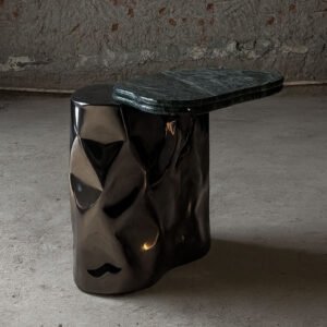 Luxury Colgada Side Table in collectible polished stainless-steel with green-spider marble – studio shot