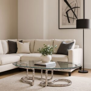 Lasso Coffee Table styled in a beige-toned modern living room with sectional sofa
