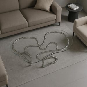 Lasso Coffee Table placed in a modern living room with neutral sofas and grey rug