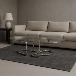Lasso Coffee Table with polished steel base twisting like a rope beneath glass top