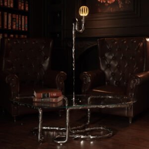 Lasso Coffee Table paired with Lasso Floor Lamp in dark-toned interior