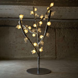 Detail view of Molecule Canopy Light’s organic branch-like stainless-steel arms with luminous frosted and transparent blown-glass globes