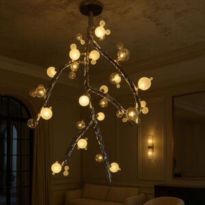 Contemporary sculptural Molecule Canopy Light by Nitush – Aroosh, stainless-steel arms with clusters of frosted and clear blown-glass spheres softly illuminated
