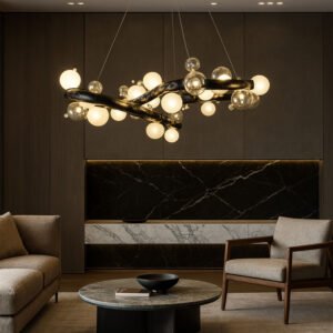 Top view of Molecule Lasso Light chandelier – sculptural pendant in stainless steel and glass