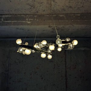 Suspended Molecule Lasso Light chandelier – stainless-steel loops with glass globes