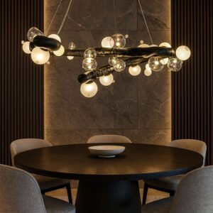 Detail of twisted Molecule Lasso Light loops with glowing glass spheres