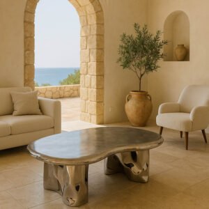 Pebble Coffee Table with antique steel top and polished stainless steel base in Mediterranean-style living room