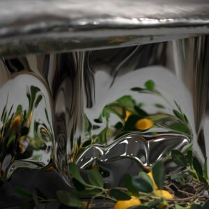 Detail of Pebble Coffee Table polished stainless steel base reflecting leaves and lemons