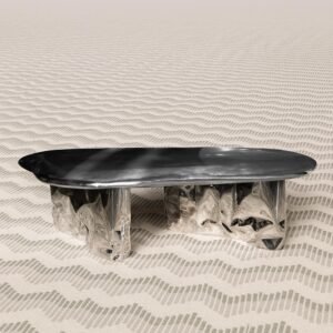 Contemporary Pebble Coffee Table with pebble-shaped antique steel top and reflective stainless steel base