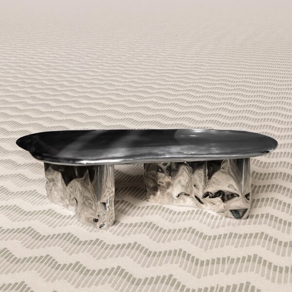 Contemporary Pebble Coffee Table with pebble-shaped antique steel top and reflective stainless steel base