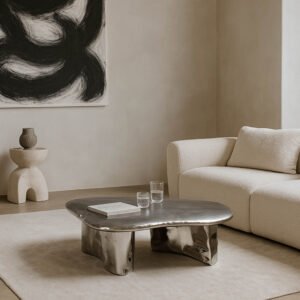 Pebble Coffee Table styled in a minimalist living room with neutral sofa and abstract art