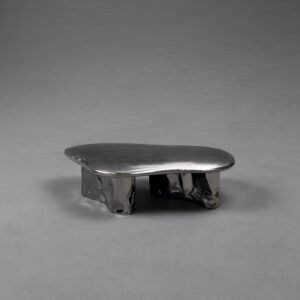 Pebble Coffee Table with antique steel top and mirror-polished stainless steel base